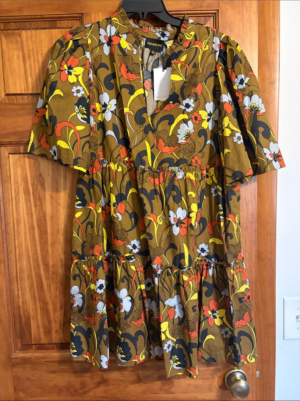 Sugarlips Olive Floral Tiered Mini Dress with Yellow & Orange Flowers